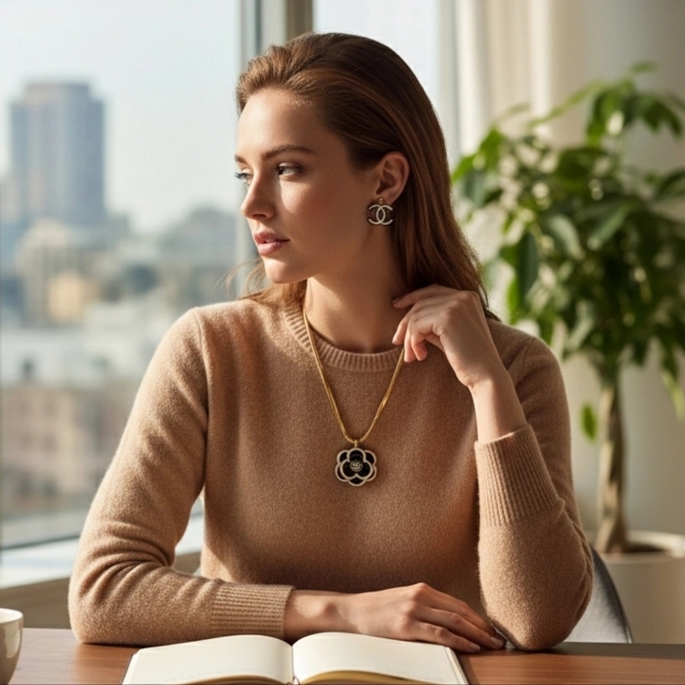 Chanel CC Black, White And Gold Pendant Necklace and Earring Set - Picture 4 of 4